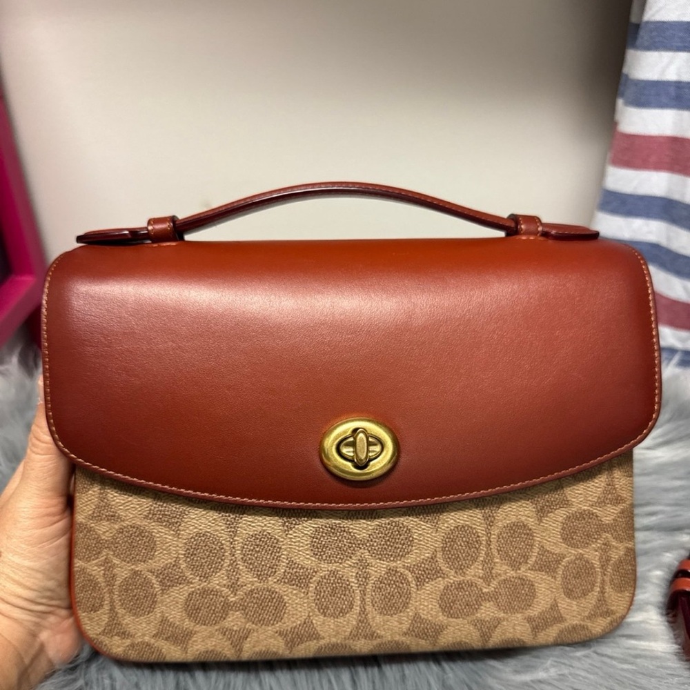 Coach Brown Leather and Tan Signature Shoulder Bag